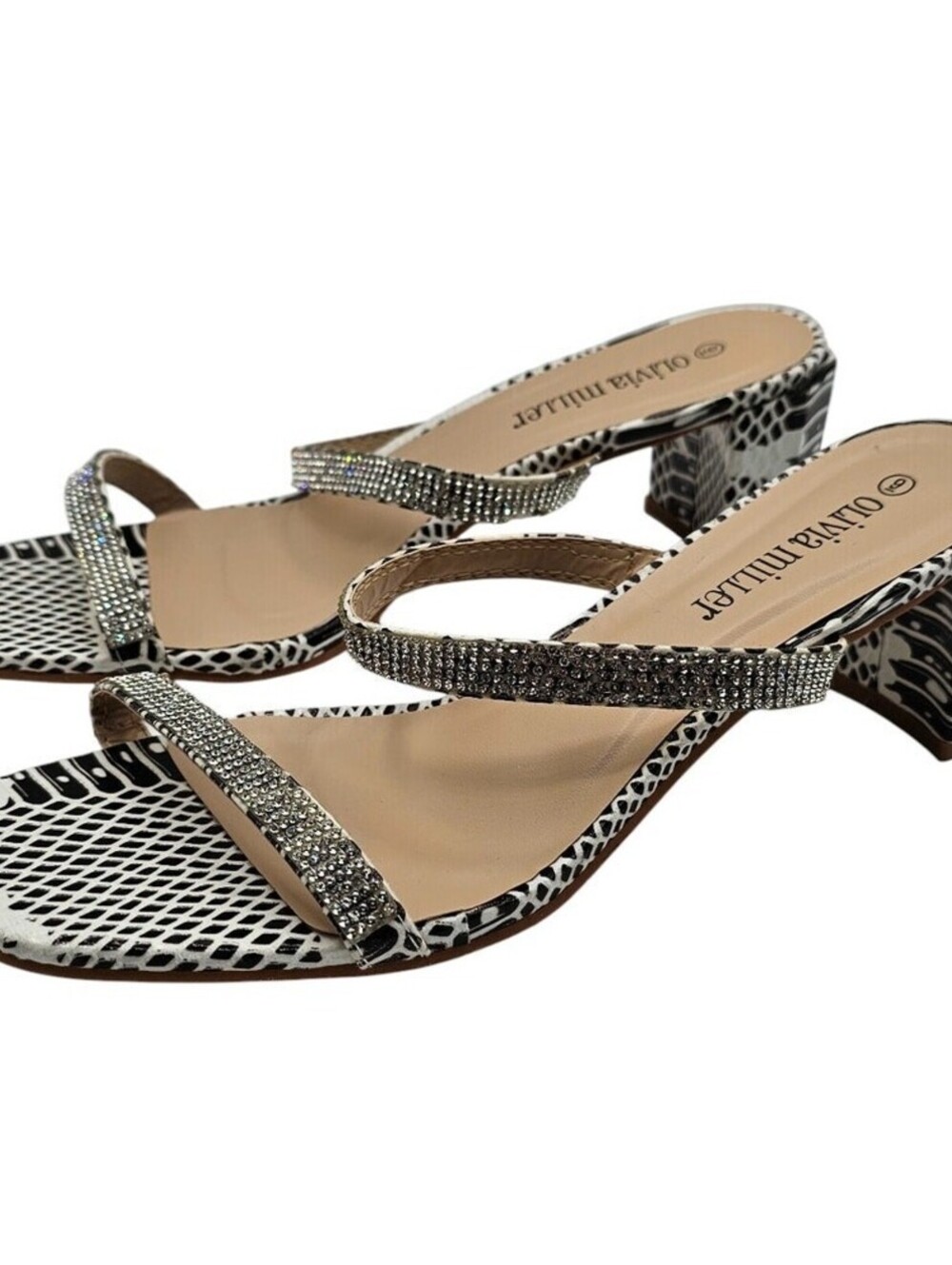 Olivia Miller Womens Sz 9 Block High Heel Shoes Black White Snakeskin Print